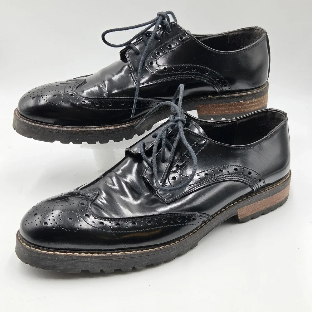 Dress Shoes Mens Size 10 Black Leather Brogue Wingtip Oxford Lug Sole Dress